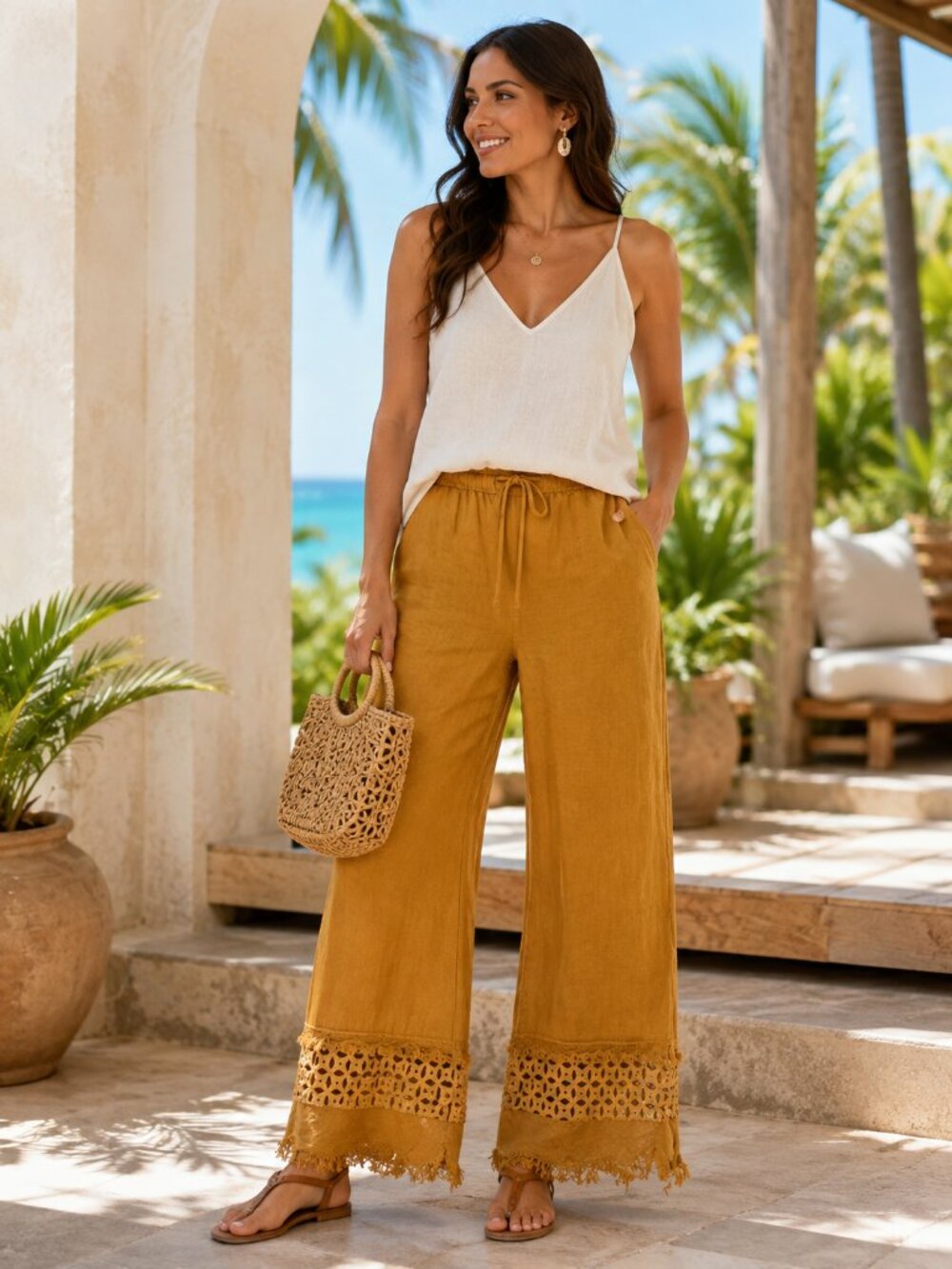 Celestino Made in Italy Linen Pants Wide Leg Cutout Detail Raw Hem 0S
